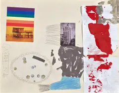 SoiL Thornton, Untitled Architectural Dream Vocabulary And Wishful Acts Of Man As (g)od, 2017, acrylic, notebook paper, postcard, photograph, crayon, pen and stickers on paper