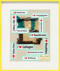 Untitled by Martin Kippenberger, 1993, stickers, paper collage, envelopes, tape, marker and matchbooks on cardboard, in artist's frame, sold Mar 2024