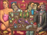 Pedro Pedro, Figures Around A Table, 2019, textile paint on linen
