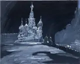 Karen Kilimnik, Red Square at night, dreamland, 9 pm, 3 am, Moscow Time, 2004, water soluble oil color, archival glue and glitter on canvas