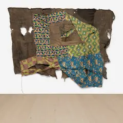 Ibrahim Mahama, H GOY, 2016, stitched wax print cloth and charcoal jute sacks