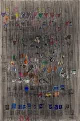 Despina Stokou, (right) Emojis iphone, 2015, oil, charcoal, chalk and collage on linen