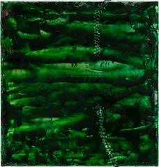 Sergej Jensen, Untitled, 2012–2013, copper resinate, oil and thread on canvas