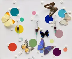 Damien Hirst, Happiness, 2008, syringes, needles, butterflies, paracetamol pills, synthetic resin, and household gloss on canvas
