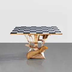Bronze musical instrument table by Arman, 1987, bronze and marble, in 2 parts, sold Sep 2024