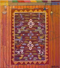 Jj Manford, Interior W/ Vacuum, Peruvian Tree of Life Rug, and Calder Floor Lamp, 2020, oil pastel and Flashe on linen