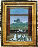 Julio Anaya Cabanding, Pictorial intervention of "The Key to the Fields" from René Magritte, 2021, acrylic and latex on found cardboard