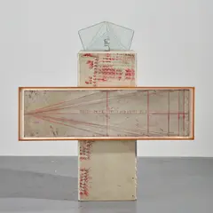 Matthew Monahan, The Exhibition, 2006–2007, paper, glass, found frame, paper collage, graphite, drywall, metal and wax