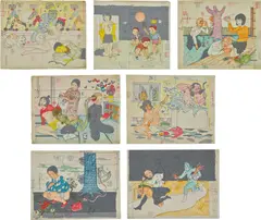Toshio Saeki, Seven works: (i-vii) Untitled, 1971–1975, ink, marker and graphite on paper, color inked printer's plan on vellum