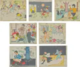 Toshio Saeki, Seven works: (i-vii) Untitled, 1971–1975, ink, marker and graphite on paper, color inked printer's plan on vellum