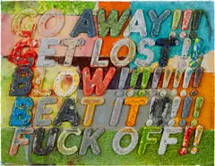 Go Away by Mel Bochner, 2014, monoprint with collage, engraving and embossment on hand-dyed Twinrocker handmade paper, sold Sep 2024