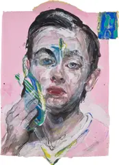 Natalie Frank, Man Washing Face, 2019, acrylic, glitter, pastel and fabric collage on cotton base sheet