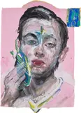 Natalie Frank, Man Washing Face, 2019, acrylic, glitter, pastel and fabric collage on cotton base sheet