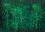 Michael Raedecker, monument, 2021, laser pigment transfer print, dispersion paint, acrylic and thread on canvas
