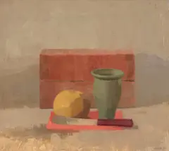 Susan Jane Walp, Bricks, Apple, Small Green Vase, and Red-Handled Knife, 2021, oil on paper
