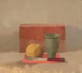 Susan Jane Walp, Bricks, Apple, Small Green Vase, and Red-Handled Knife, 2021, oil on paper