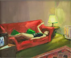 Red Sofa by Caroline Walker, 2004, oil on board, offered Dec 2024