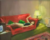 Caroline Walker, Red Sofa, 2004, oil on board
