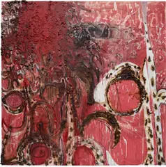 Suzanne McClelland, right, 1992, clay, charcoal, acrylic, oil, synthetic medium and gesso on canvas