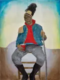 Umar Rashid, Exorcise haste and exercise patience for a full body and mind work out. Olubunmi is never stressed but often bored with the machinations of small minds, 2021, xerographic transfer and acrylic on canvas
