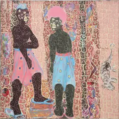 Kassou Seydou, Kakatou loumou yagueyague tji bur gueye dou sopolekou nek diassite (le caméléon aura beau séjourner dans l’eau il ne se transformera jamais en caïman), 2020, acrylic on canvas