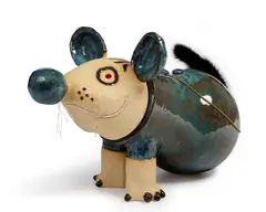 Mouse House by Hadi Falapishi, 2021, glazed ceramic, rhinestones, buttons, gold thread, fur, beads and pendant necklace, sold Dec 2024