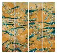 Tammy Nguyen, Dust Season, 2020, watercolor, vinyl and pastel on paper laid on panel, in 4 parts