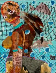 Tschabalala  Self, Aqua Babe, 2014, plastic, beads, acrylic, glitter, canvas and printed paper collage on Masonite
