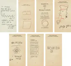 Jean-Michel Basquiat, Eight works: (i–vii) Untitled from Harry’s ABC of Mixing Cocktails ; (viii) Harry’s ABC of Mixing Cocktails, 1986, (i, vi, vii) graphite on printed paper (ii–iv) colored pencil on printed paper (v) graphite and colored pencil on printed paper (viii) pencil on Harry MacElhone, Harry’s ABC of Mixing Cocktails: More than 300 Famous Cocktails , London, 1986, p. 27, endpaper