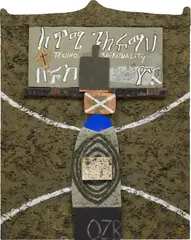 Ouattara Watts, OZB, 1993, acrylic, book, wood and mixed media on panel, in 2 parts