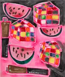 Katherine Bernhardt, Rubik's Cubes + Watermelon + Duracell, 2016, acrylic and spray paint on canvas