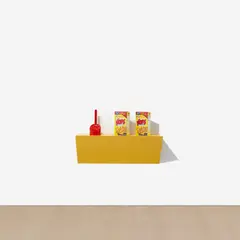 Haim Steinbach, pops, 2006, plastic laminated wood shelf, 1 plastic toilet brush and 2 “Pops” cereal boxes