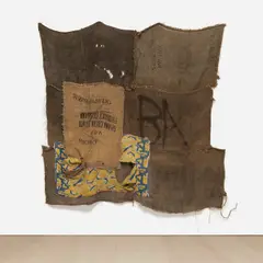 Ibrahim Mahama, BA, 2014, acrylic and wax print cloth on charcoal jute sacks