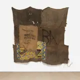 Ibrahim Mahama, BA, 2014, acrylic and wax print cloth on charcoal jute sacks