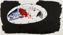 Platter with Trout #5 by Calvin Marcus, 2014, watercolor, wax, vinyl paint, oil crayon and gesso on cardboard, offered Mar 2023