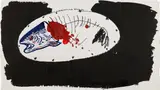 Calvin Marcus, Platter with Trout #5, 2014, watercolor, wax, vinyl paint, oil crayon and gesso on cardboard