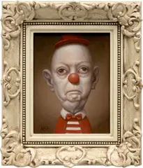 Red Clown 1 by Marion Peck, 2019, oil on panel, in artist's frame, sold Mar 2023