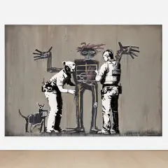 Banksy, Banksquiat. Boy and Dog in Stop and Search, 2018, acrylic and wax marker on birch wood, in 3 parts