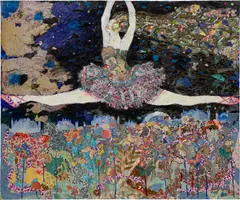 Maria Berrio, No One Can Hear You, Only the Wind, 2012, Japanese paper collage, dried leaves, watercolor and pencil on canvas