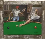 Ernie Barnes, Hustlers, 1969, acrylic on canvas, in artist's frame