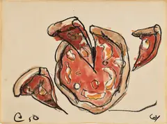 Claes Oldenburg, Flying Pizza (Original Drawing for New York Ten ), 1964, watercolor and oil pastel on paper