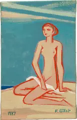 Nude on the Beach by the Sea by Françoise Gilot, 1987, oil on canvas, sold May 2023
