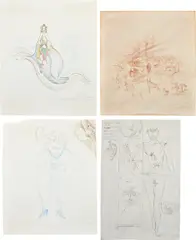 Leonora Carrington, Four works: (i) Study for Snake-Bite Floripondio ; (ii) Study for Mural El Mundo Magico de Los Mayas ; (iii) Untitled ; (iv) Untitled, 1975, (i, iii) watercolor, pencil and ink on paper (ii) sanguinea on paper (iv) oil, ink and pencil on paper