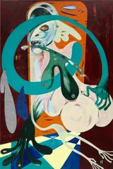 Not So Fast by Theresa Chromati, 2018, acrylic and glitter collage on canvas, sold May 2023