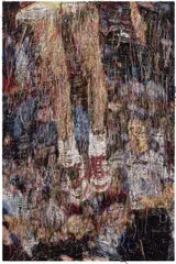 Noel W. Anderson, Can I Get a Witness, 2019, magazine pages on distressed, stretched Jacquard tapestry