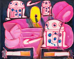 stuck in a maze by Katherine Bernhardt, 2019, acrylic and spray paint on canvas, sold May 2023
