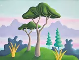 Daisy Dodd-Noble, Four Trees with Pink Sky and Yellow Grass, 2021, oil on canvas