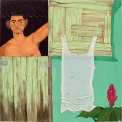 Bony Ramirez, La Mancha De Plátano, 2022, acrylic, color pencil, oil pastel, marker, artist's worn tank top and Bristol paper on panel