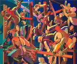Jonathan Chapline, The Builders, 2020, Flashe and acrylic on panel