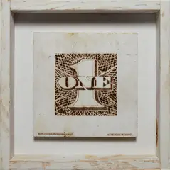 Tom Sachs, Mini One, 2008, synthetic polymer and pyrography on plywood, in artist's frame